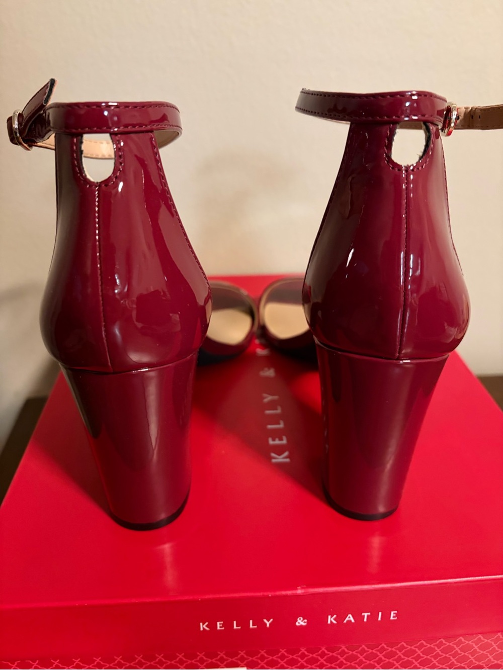 Kelly & Katie Burgundy Patent Block Heel Ankle-Strap Sandals - Picture 3 of 5